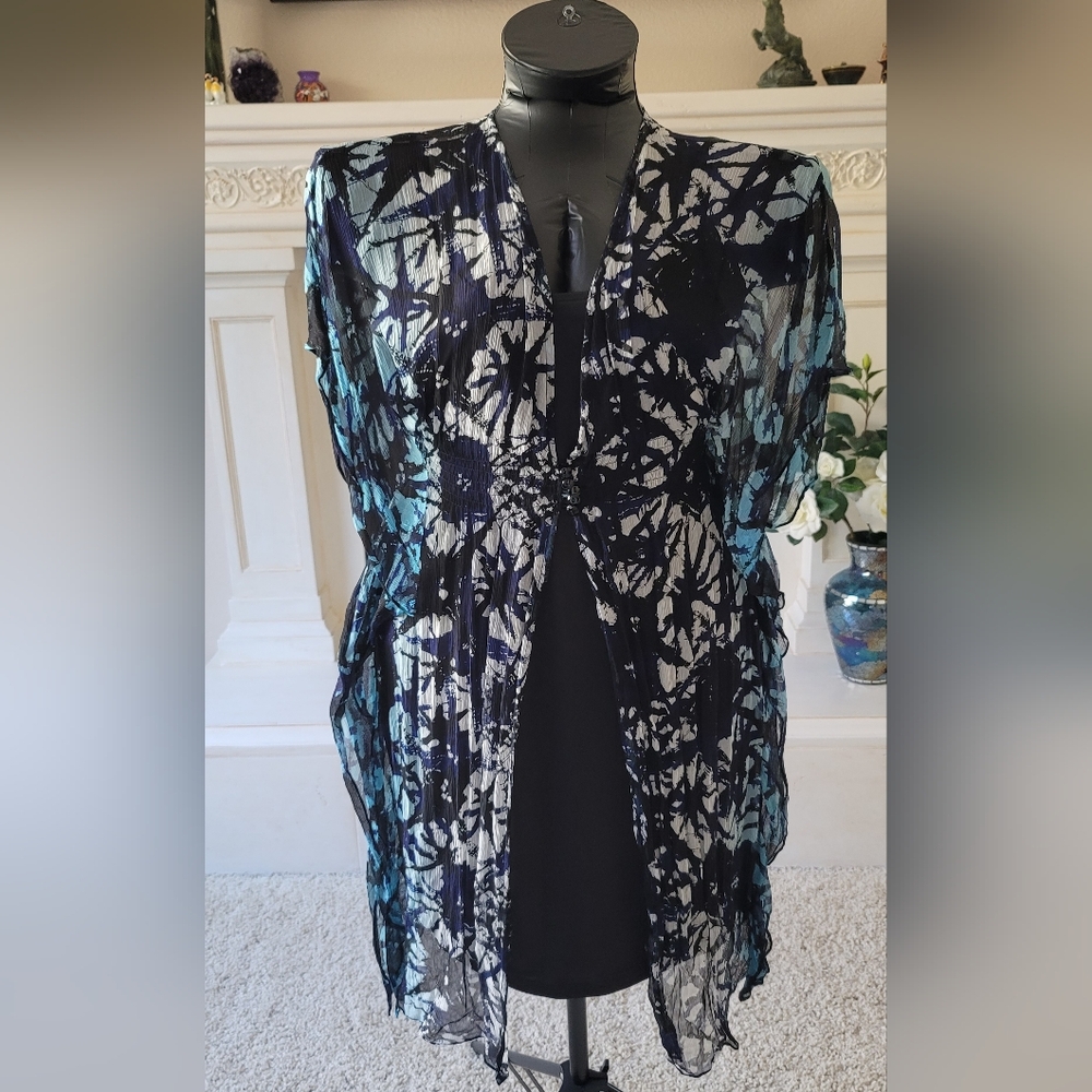 Alberto Makali 2 Piece Dress. Black Poly Tank Dress w/ Patterned Silk Overdress